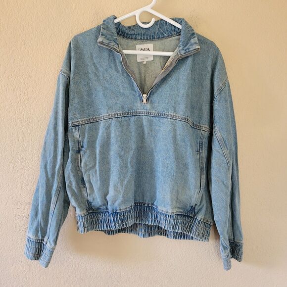 Zara Jackets & Blazers - ZARA Womens Pullover Half Zip Collared Denim Jacket Size Small Blue Oversized